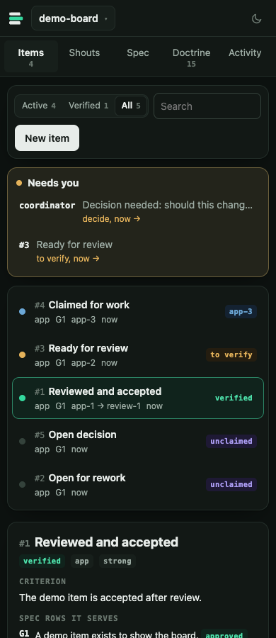 The same board on a phone, in dark mode.