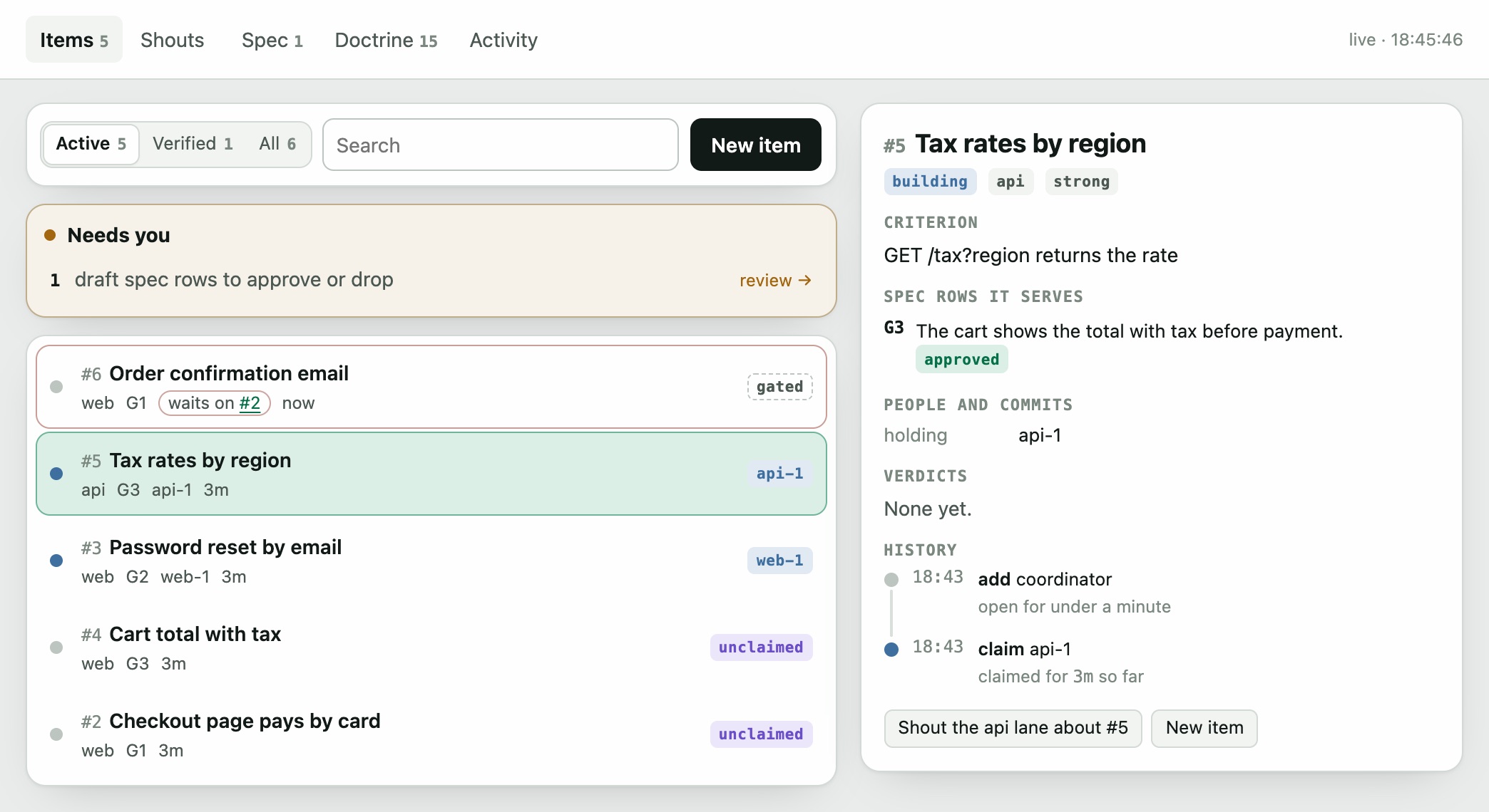 The Items tab of pullboard view with task #5, Tax rates by region, held by the agent api-1.