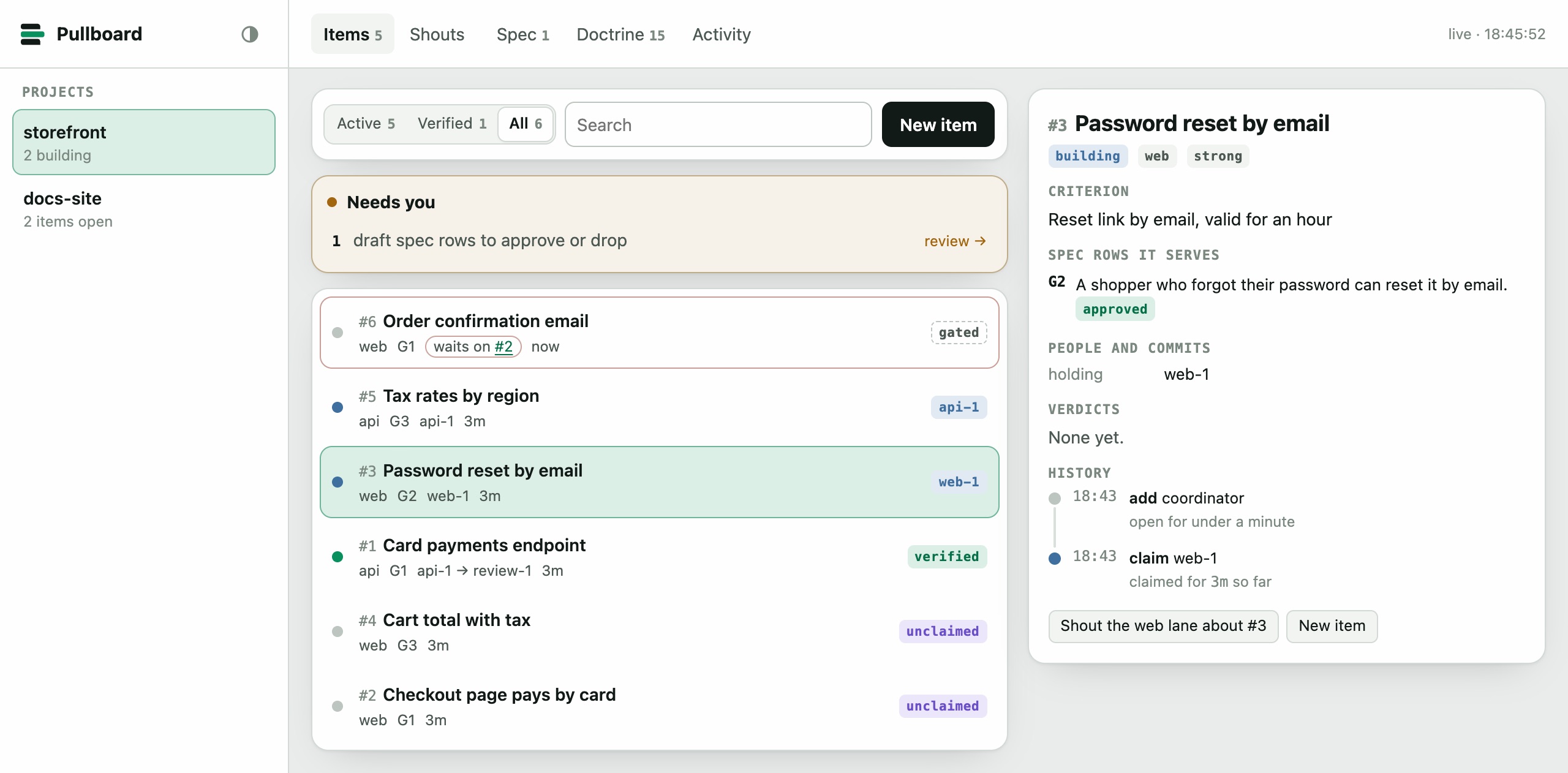 pullboard view with two projects in the sidebar, storefront and docs-site, and storefront open on its tasks.