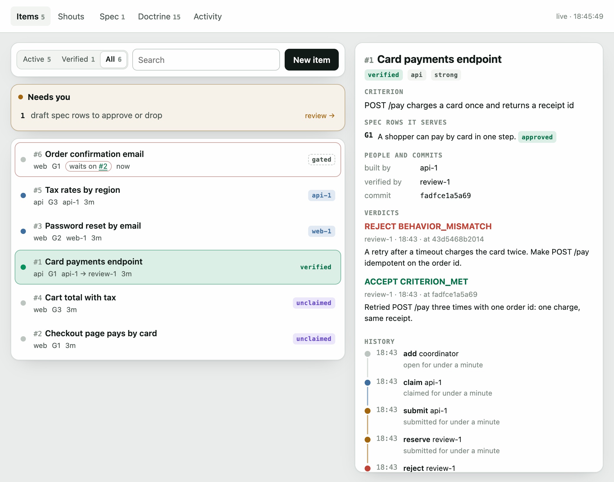 Task #1, Card payments endpoint, in pullboard view: a reject from review-1 saying a retry charges the card twice, then an accept of the fix, each at its own commit.